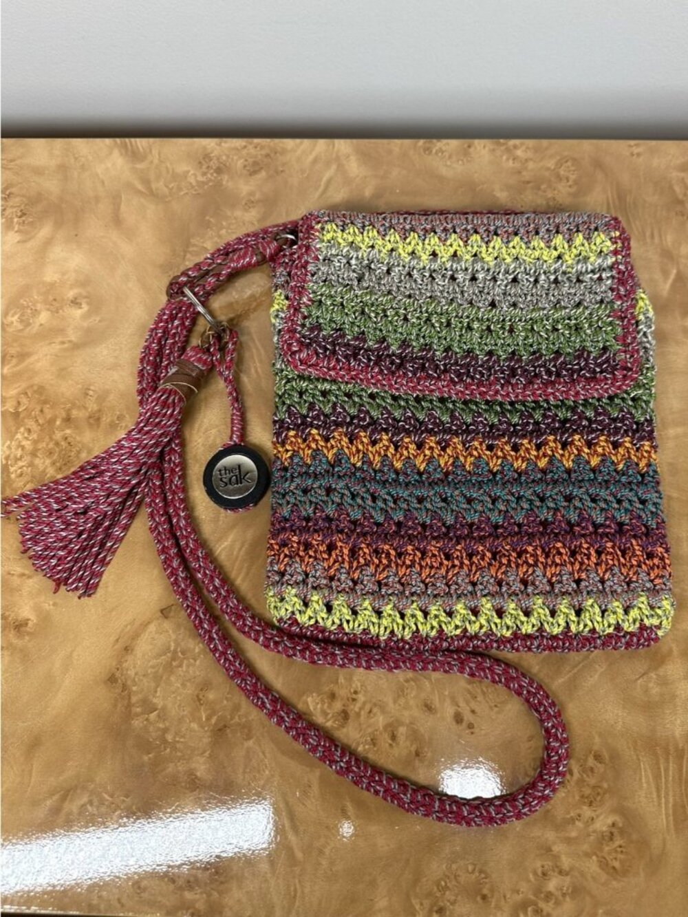 The Sak Multicolor Striped Crochet Crossbody Bag Flap Zip Top Tassel Boho